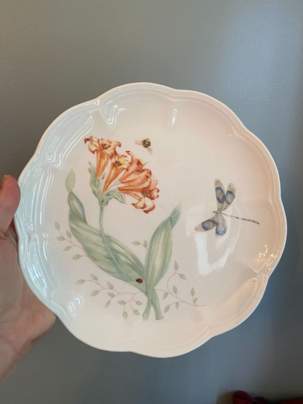 Lenox Butterfly Meadow Dragonfly Plate 8.25" Scalloped Tiger Lily Orange Fine Ch
